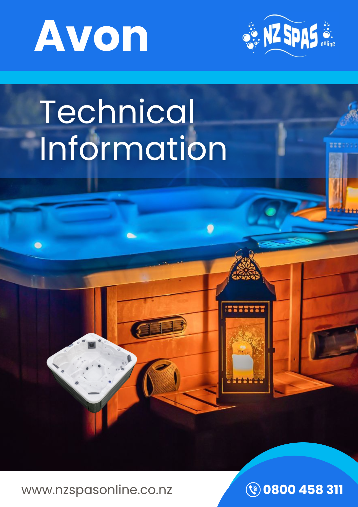 Hot tub with Avon and NZ Spas branding, featuring technical information text.