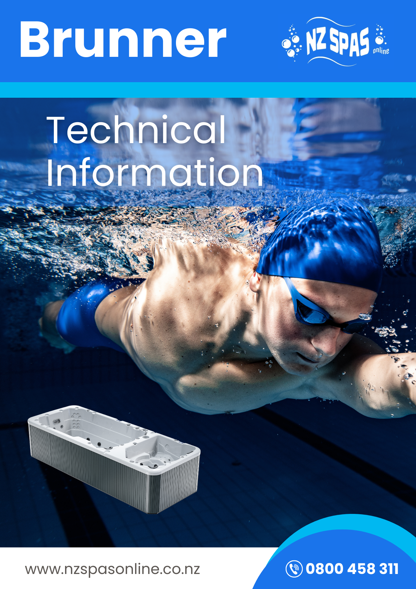 The Brunner swim spa from NZ Spas the technical information.
